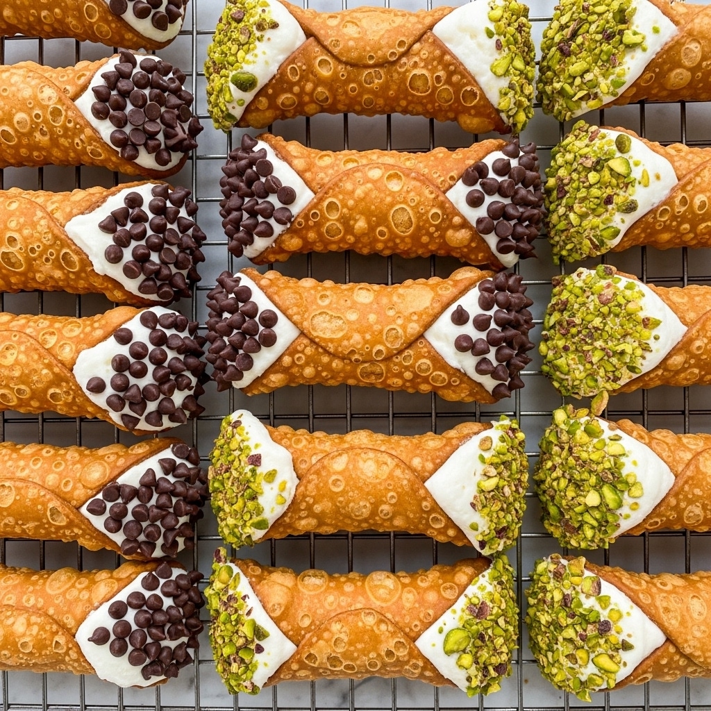 The image shows multiple golden brown crispy cannoli shells placed on a wire rack above a white marbled surface. Each cannoli shell is filled with creamy, white ricotta cheese visible at both ends. One side of the cream filling is decorated with small dark brown chocolate chips, giving a shiny contrast. The opposite ends of some cannolis have a topping of small green chopped pistachios, adding a fresh texture. The shells have a slightly shiny, bubbly texture and are evenly cooked with a crispy look. photo taken with an iphone --ar 4:5 --v 7