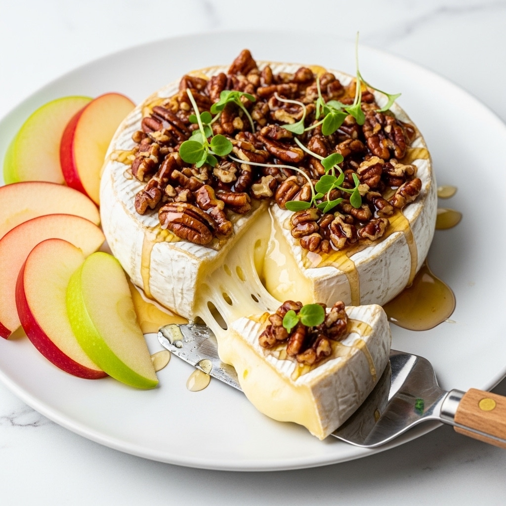 A whole, round wheel of creamy brie cheese sits on a white plate, topped with chopped pecans, honey drizzle, and small green herb sprigs, creating a mix of white, brown, golden, and green colors on the cheese surface. A piece of the cheese is scooped onto a matte metal spatula with a wooden handle, showing its gooey inside with a melted white texture stretching from the main wheel. To the left, thin slices of red and green apples rest on the plate, adding bright red, green, and pale yellow colors. The scene is set against a white marbled surface. Photo taken with an iphone --ar 4:5 --v 7