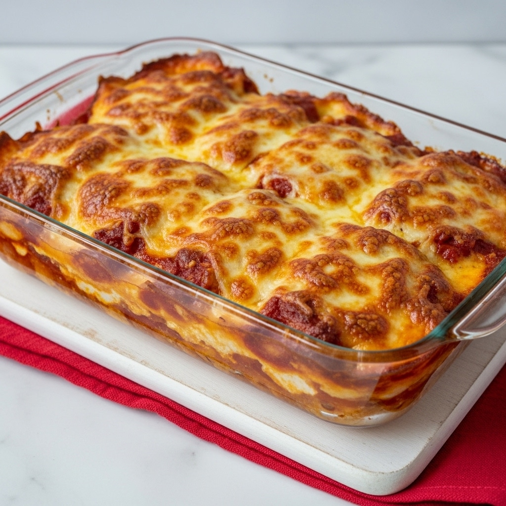 A rectangular glass baking dish filled with a golden brown baked dish showing multiple layers of melted cheese on top, browned and bubbly in some areas with a slightly crispy texture. The layers beneath the cheesy top suggest a mix of red sauce and creamy filling, peeking through in places. The dish sits on a white wooden board that is placed over a red cloth on a white marbled surface. Photo taken with an iphone --ar 4:5 --v 7