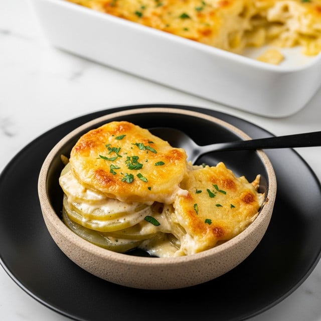 A white rectangular baking dish filled with creamy potato casserole, showing several thin layers of golden-brown, slightly crispy potato slices stacked evenly. The top layer is a mix of light golden and deeper golden yellow potato slices sprinkled with small bits of green herbs. A wooden spatula rests inside the dish, lifting a scoop that reveals the creamy, smooth, pale yellow sauce underneath the potato layers. The dish sits on a dark wooden board, and the background is a white marbled texture. photo taken with an iphone --ar 4:5 --v 7