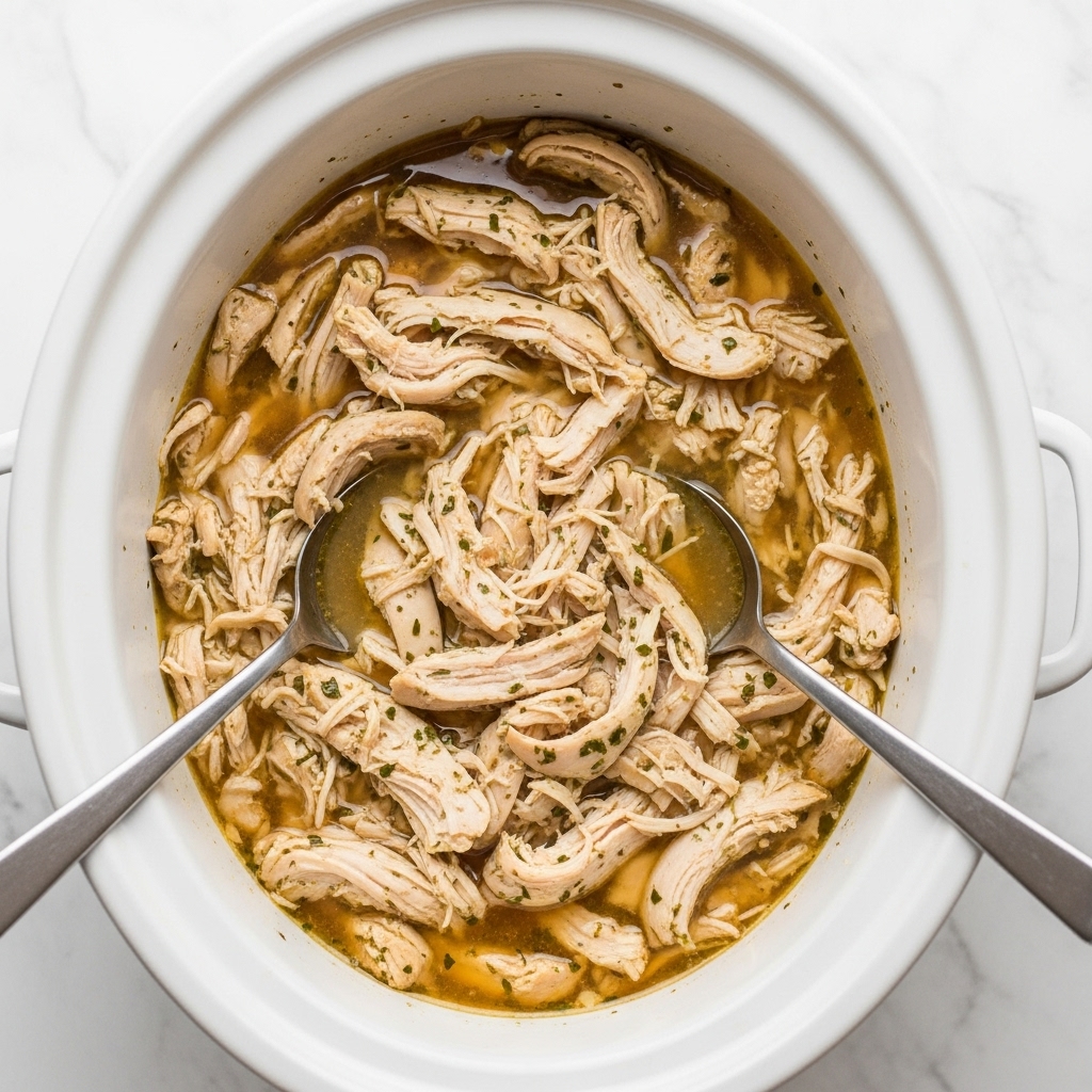 The image shows shredded chicken soaked in a light brown broth inside a white slow cooker. The chicken is pale with some green herbs mixed in, giving a slightly speckled look. The chicken pieces are soft and torn into medium and small strips that fill the cooker about halfway. Two silver metal spoons rest on top of the chicken, crossing each other near the edge of the cooker. The overall scene is set on a white marbled surface. photo taken with an iphone --ar 4:5 --v 7