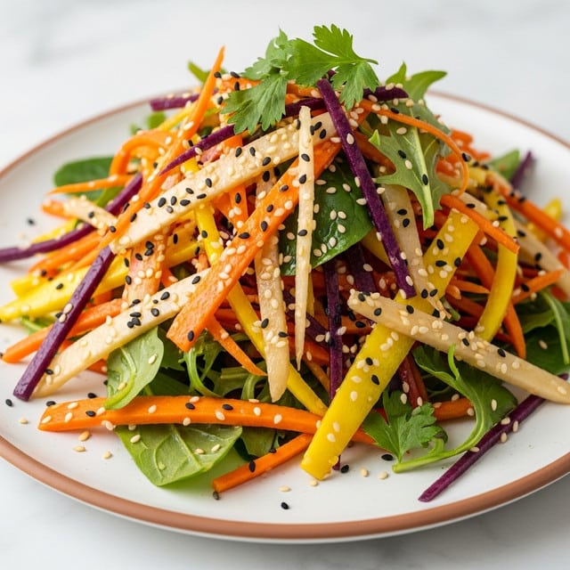 A close-up view of a colorful shredded vegetable salad piled high on a white plate with a light brown rim. The salad has thin strips of orange carrots, yellow and purple pieces, pale beige slices, and fresh green leafy herbs mixed in. Tiny white and black sesame seeds are sprinkled all over, adding texture and contrast. The colors are bright and fresh, and the vegetables look crisp and lightly dressed. The plate sits on a white marbled surface, enhancing the vibrant colors of the salad. photo taken with an iphone --ar 4:5 --v 7