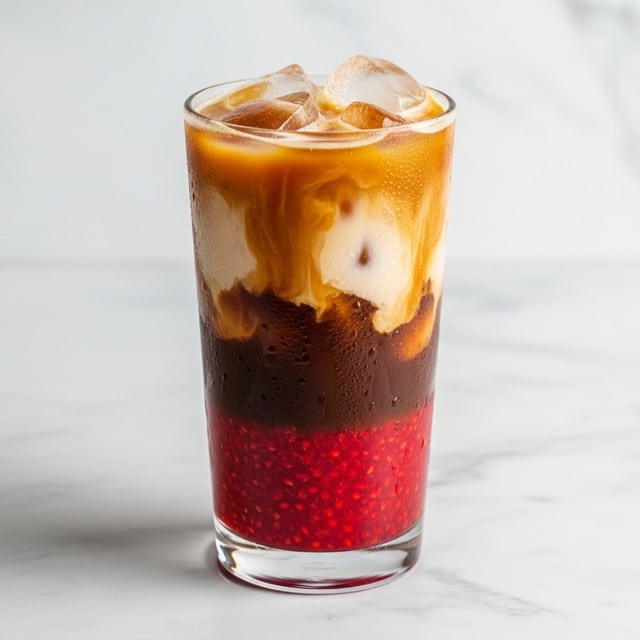 A tall clear glass filled with a three-layered iced drink sitting on a white marbled surface, the bottom layer is bright red with raspberry seeds visible, the middle layer is dark brown, and the top layer is a mix of creamy light beige swirled with brown coffee color, with ice cubes floating on top showing condensation on the glass. photo taken with an iphone --ar 4:5 --v 7