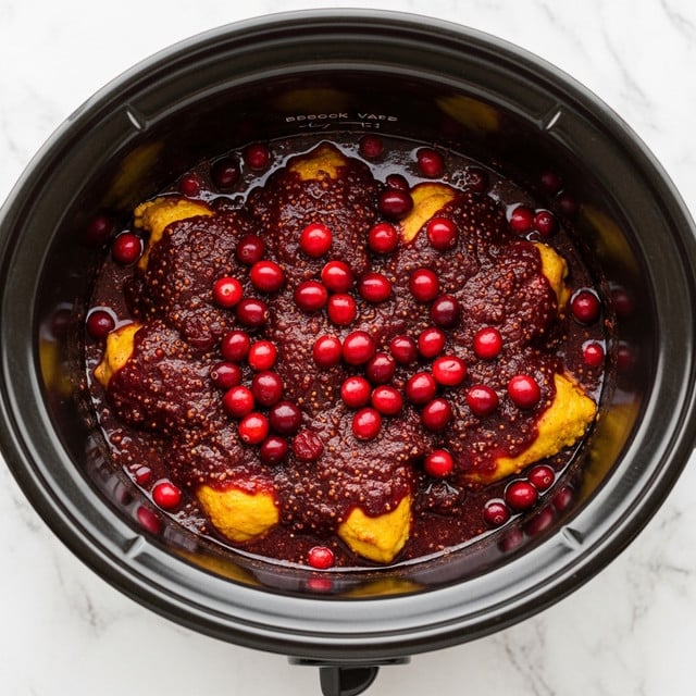 Inside a black slow cooker, a thick, glossy dark red sauce with visible small bits and seeds covers pieces of golden yellow chicken slightly peeking through. Bright red whole cranberries are scattered on top of the sauce, adding a fresh look. The slow cooker is placed on a white marbled texture surface. photo taken with an iphone --ar 4:5 --v 7