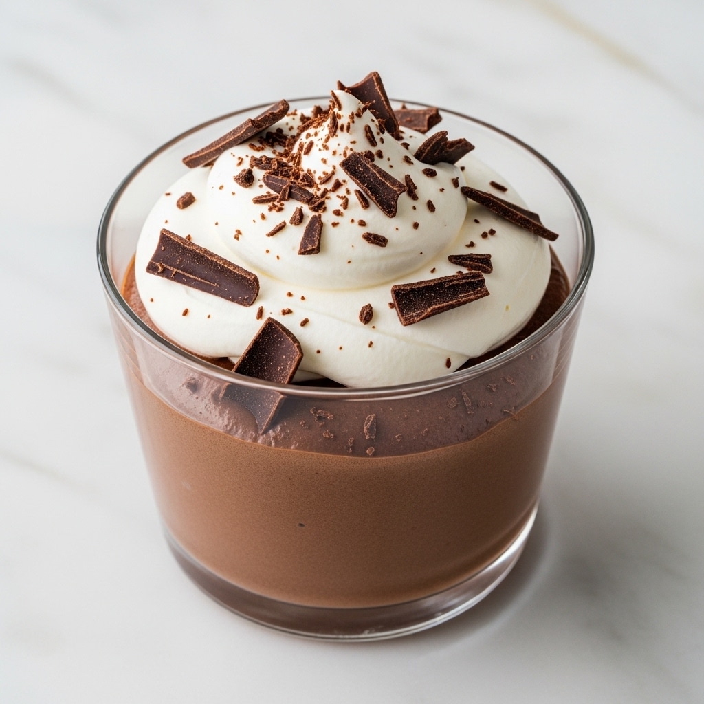 A clear glass cup holds a rich, dark brown chocolate mousse with a smooth and slightly glossy surface. On top, there is a thick layer of fluffy white whipped cream, shaped in soft peaks. The whipped cream is sprinkled with uneven, thin dark chocolate shavings that add texture and contrast to the white cream. The cup rests on a surface with white marbled texture, highlighting the dessert's deep brown and cream colors. photo taken with an iphone --ar 4:5 --v 7