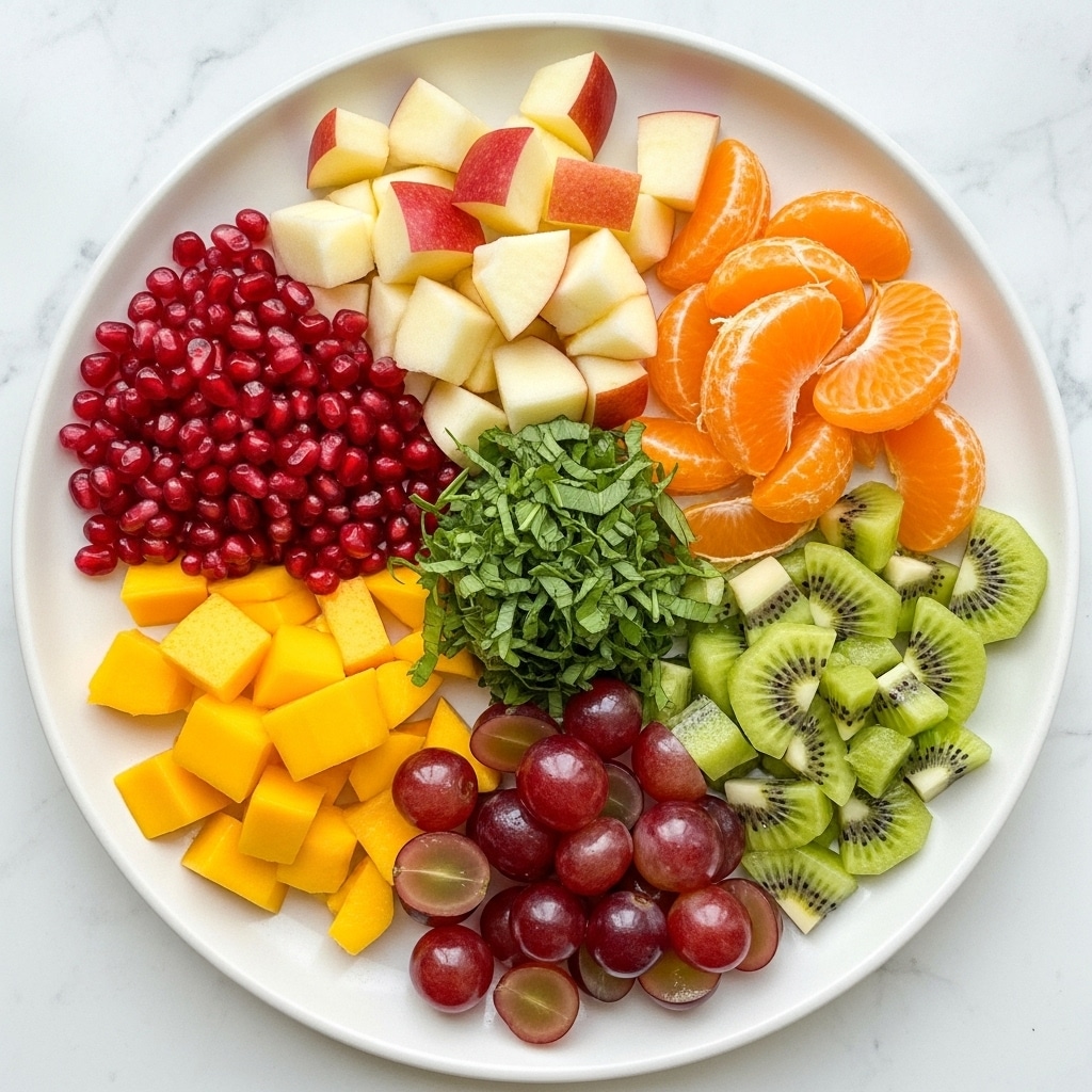 A white plate is filled with a colorful fruit salad made of many small pieces. The bottom layer has orange cubes of mango and melon, green cubes of kiwi, white and red apple cubes, and pale yellow cubes of pear. On top of these are smaller sections of peeled orange slices, halves of red grapes, and bright red pomegranate seeds scattered all over. There are also a few star-shaped slices of starfruit placed evenly on top, adding a unique shape and light yellow color. Small bits of fresh green herbs and tiny seeds are sprinkled throughout, giving a fresh and textured look. The plate sits on a white marbled surface. photo taken with an iphone --ar 4:5 --v 7