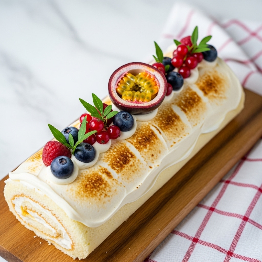 The image shows a yule log cake on a white plate with a golden paper underneath. The cake has three visible layers: a light brown rolled sponge cake with a creamy light beige swirl inside, covered by a thick layer of off-white frosting with textured lines to look like tree bark. On top, there is a small white baby figure decorated with two red berries and green rosemary sprigs for decoration. The plate sits on a white marbled surface with pine cones and green pine branches around it. Photo taken with an iphone --ar 4:5 --v 7