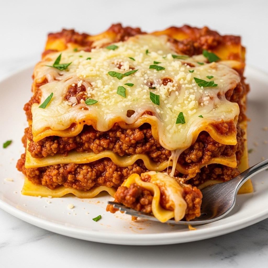 A piece of lasagna on a white plate shows several layers: at the bottom are flat pale yellow pasta sheets, followed by a thick layer of cooked ground meat in a red tomato sauce mixed with melted cheese. Above this is another pasta layer, topped with more meat sauce and gooey melted cheese that is slightly browned in spots. The dish is sprinkled with grated pale yellow cheese and small green parsley bits on top. A fork with some lasagna is placed on the side, and the plate rests on a white marbled surface. Photo taken with an iphone --ar 4:5 --v 7