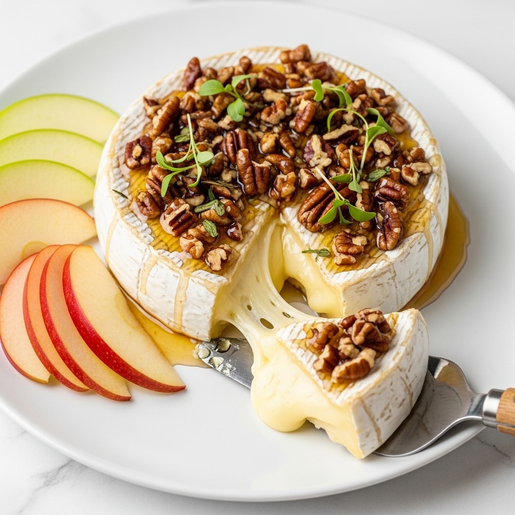 A round wheel of soft white brie cheese sits on a white plate, topped with golden honey, chopped reddish-brown pecans, and small green herb leaves. A cut in the cheese shows creamy pale yellow inside melting out onto a shiny metal knife with a wooden handle. Around the cheese, there are slices of red and green apples, purple grapes, and pieces of toasted bread with a golden crust. A glass jar of honey with a wooden dipper is placed nearby. All items rest on a white marbled surface. Photo taken with an iphone --ar 4:5 --v 7