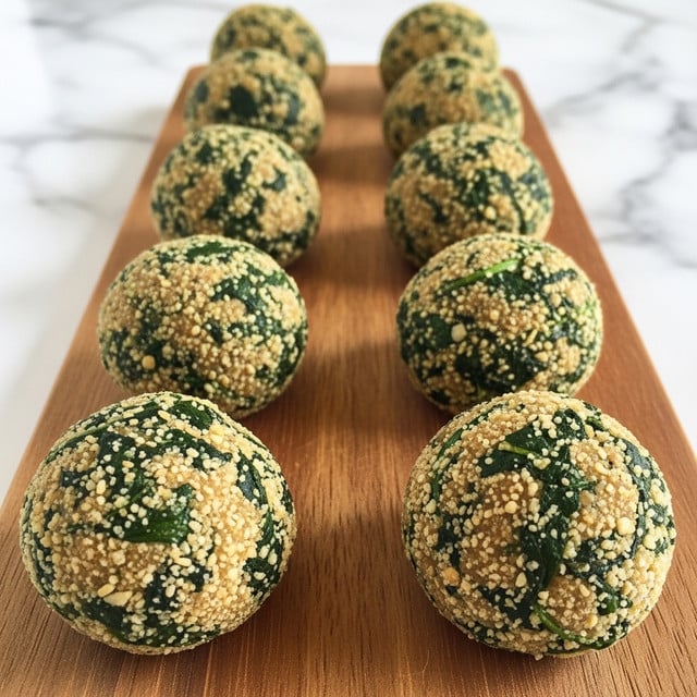 The image shows a wooden board holding several small, round, dome-shaped snacks. Each snack has a textured, crumbly outer layer that is light brown or beige with dark green leafy bits mixed evenly throughout. They are arranged in two neat rows on the board. The background is a white marbled surface, and the colors focus on the contrast between the light brown dough and dark green leaves in the snacks. photo taken with an iphone --ar 4:5 --v 7