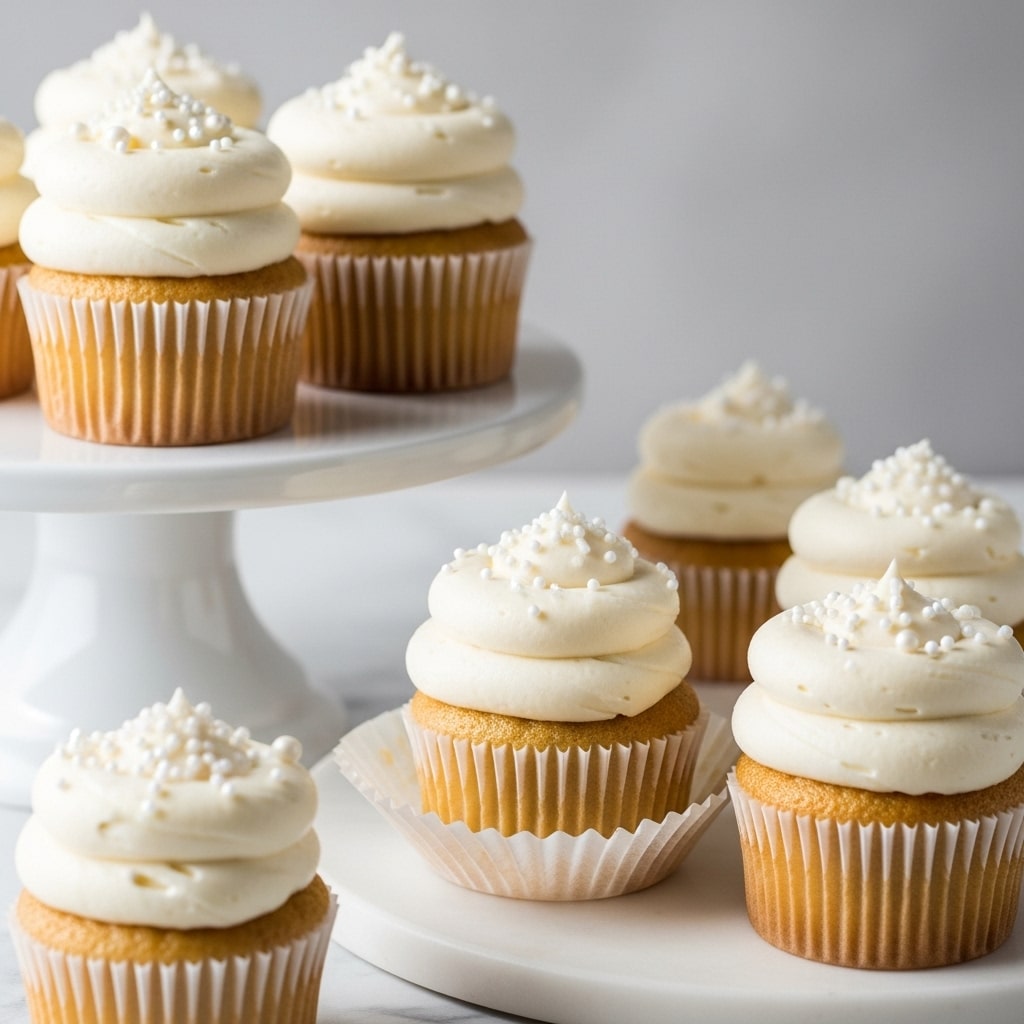 The image shows soft golden cupcakes with three thick, swirled layers of creamy white frosting on top, decorated with small white sugar pearls and sprinkles. One cupcake is in the front on a white marbled surface, and behind it is a white cake stand holding more cupcakes, each with the same frosting style and decorations. The cupcake liners are translucent and light brown, and the background is a soft gray. photo taken with an iphone --ar 4:5 --v 7