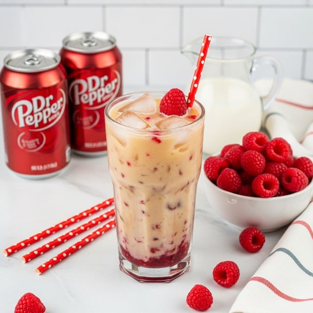 A tall clear glass filled with a light brown iced drink containing ice cubes and small bits of red fruit, topped with a single red raspberry and a red and white polka dot straw. The glass sits on a white marbled surface, surrounded by two red Dr Pepper cans, a small white bowl overflowing with fresh bright red raspberries, a clear glass pitcher with white cream, and several red and white polka dot straws laying beside a striped white towel. The background is soft and clean with white tiles. photo taken with an iphone --ar 4:5 --v 7
