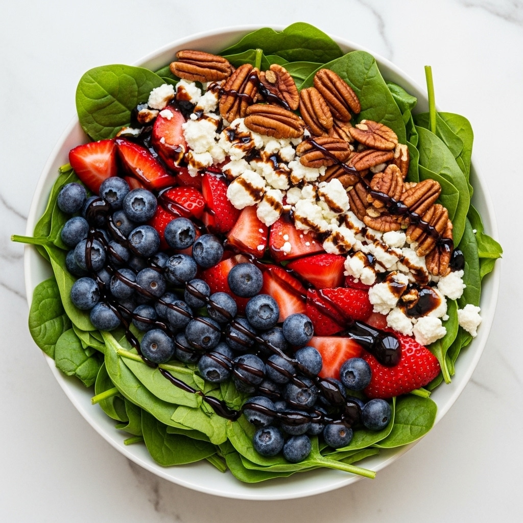 A white bowl filled with a colorful salad sits on a white marbled surface. The salad has three main layers: the base is bright green fresh spinach leaves, the middle layer is red strawberry slices and dark blue whole blueberries evenly spread out, and the top layer contains whole glossy brown pecans, small crumbled white cheese pieces, and a drizzle of dark balsamic dressing that shines on the ingredients. The textures vary from soft spinach leaves to juicy berries and crunchy nuts, all mixed closely together. Photo taken with an iphone --ar 4:5 --v 7