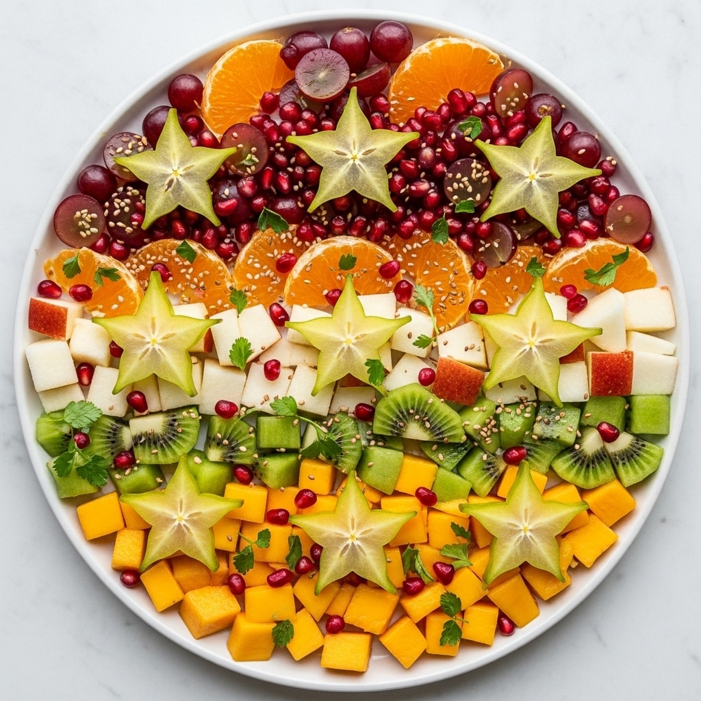 A round white plate is filled with seven groups of chopped fruit and herbs, arranged side by side without overlapping. Starting from the top left is a section of bright red, shiny pomegranate seeds. Moving clockwise, next is a group of pale yellow and white apple cubes with red skin bits. Next to that are orange mandarin segments with a slightly shiny, smooth texture. Below them is a pile of diced green kiwi with visible black seeds. In the bottom center sits a bunch of halved, translucent red grapes. To the left of that is bright orange mango cubes with a soft texture. In the center, there is a small mound of finely cut deep green fresh herbs. The plate sits on a white marbled surface. photo taken with an iphone --ar 4:5 --v 7