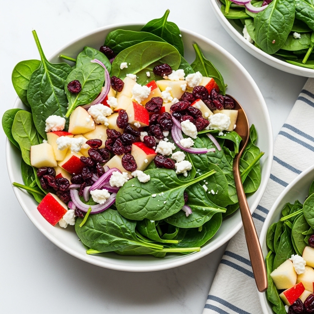 A white bowl filled with fresh spinach leaves forming the main layer, bright green and glossy. Scattered on top are small chunks of red apple with the skin on, dried dark red cranberries, thin slices of purple-red onions, and small crumbles of white cheese, giving a mix of colors and textures. There are also some bits of walnuts spread across, adding a rough brown texture. A copper-colored fork rests inside the bowl on the right side. The bowl sits on a white marbled surface with a striped white and navy blue cloth partially visible under the bowl's bottom left side. Photo taken with an iphone --ar 4:5 --v 7