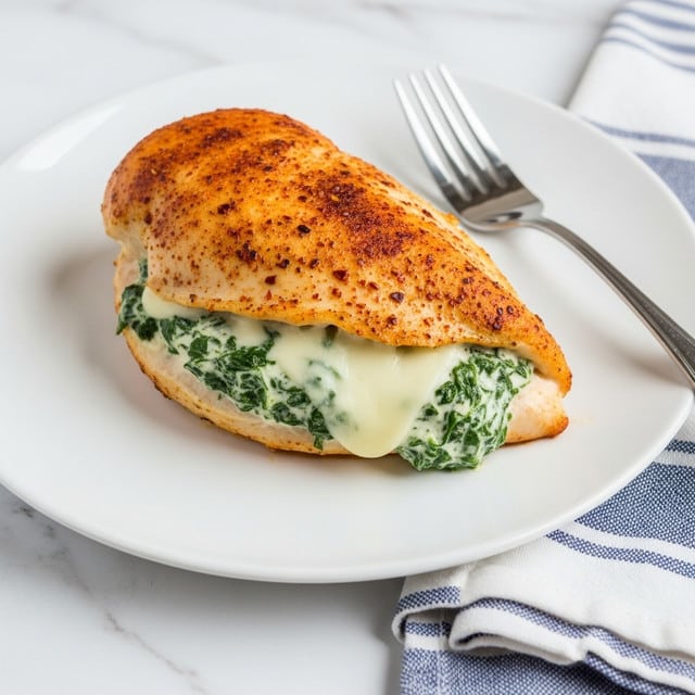 The image shows two white plates each holding a folded calzone with a golden brown crust, slightly crispy and dusted with a light layer of spices on top. Inside the calzone, the filling is visible, consisting of a creamy mixture with green leafy pieces, likely spinach, that look soft and moist. One calzone sits on a plate in the foreground next to a silver fork and a blue and white striped cloth, while the other is on a plate slightly blurred in the background. A white baking dish filled with more calzones is partially visible in the top right corner, all set on a dark wooden surface. Photo taken with an iphone --ar 4:5 --v 7
