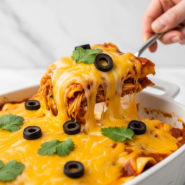 A round slow cooker filled with a baked dish made of several layers: the bottom layer is a reddish sauce with chunks of meat, topped with a thick, golden-yellow melted cheese layer that covers the entire surface. Black olive slices are scattered evenly across the cheese, and fresh green cilantro leaves are sprinkled on top, adding color contrast. The slow cooker is placed on a white marbled surface with a few green herbs visible at the edge. The photo taken with an iphone --ar 4:5 --v 7