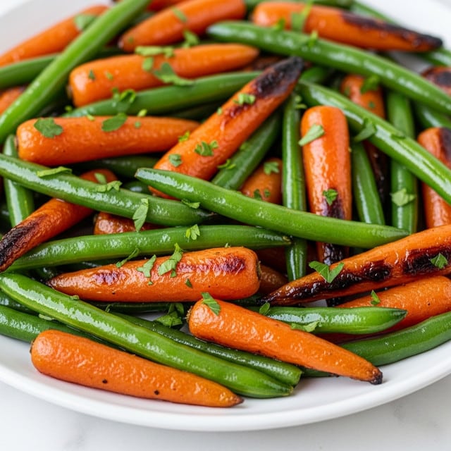 A close-up of a white plate filled with roasted baby carrots and green beans. The carrots are bright orange with a shiny, slightly caramelized texture, showing some charred spots. The green beans are vibrant green with a glossy look and slight wrinkling from roasting. Fresh green parsley pieces are sprinkled on top, adding contrast and freshness. The plate sits on a white marbled surface. photo taken with an iphone --ar 4:5 --v 7