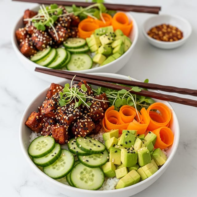 Two white bowls sit on a white marbled surface, each filled with a layered meal. The bottom layer is white rice, topped with a layer of green cucumber slices arranged neatly. Next to the cucumbers are thin, curly orange carrot ribbons and diced light green avocado chunks. On top of this is a layer of dark reddish-brown seasoned tofu cubes sprinkled with black and white sesame seeds, and garnished with green microgreens. A pair of dark wooden chopsticks rest across the top bowl. In the background, a small white bowl holds red chili flakes. photo taken with an iphone --ar 4:5 --v 7