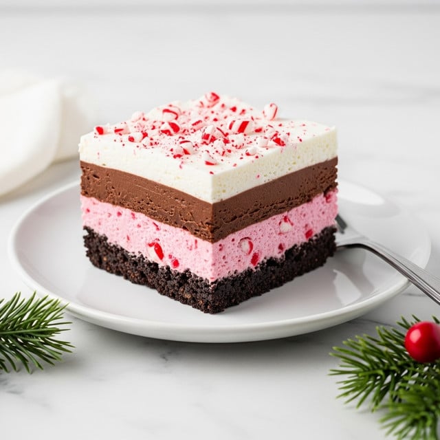 A square slice of a four-layer dessert sits on a white plate over a white marbled surface. The bottom layer is dark and crumbly, resembling a chocolate cookie crust. Above it is a thick, creamy pink layer with a slightly rough texture and small bits of candy. The third layer is smooth and dark chocolate, thick and even. The top layer is a white, fluffy cream sprinkled with small pieces of crushed red and white candy, adding a festive look. A silver fork rests on the right edge of the plate, and a small evergreen branch and a red berry are near the plate on the surface. Photo taken with an iphone --ar 4:5 --v 7