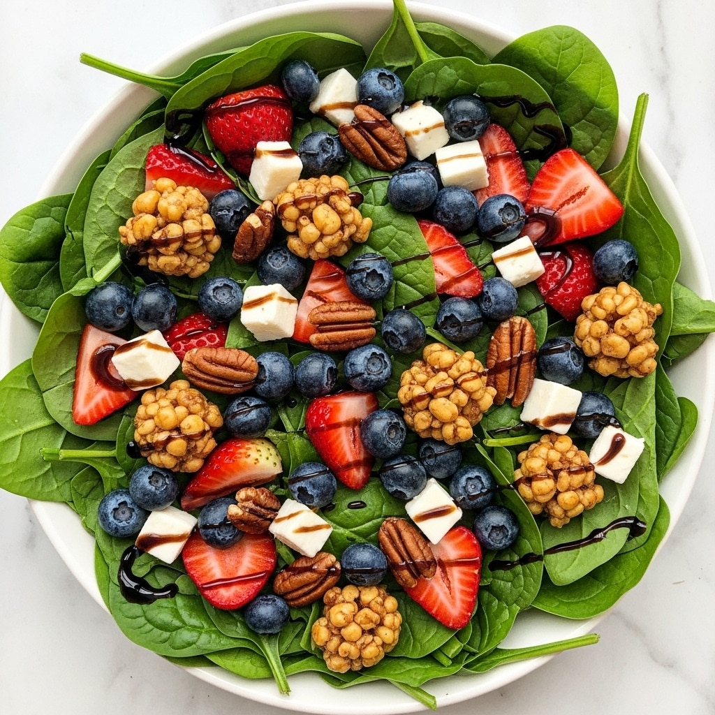 A white bowl filled with a fresh salad shows a mix of bright green spinach leaves forming the base layer. On top, there are whole blueberries and sliced strawberries adding deep blue and red colors. Crunchy brown pecans are scattered throughout, along with small chunks of white cheese. Golden-brown nut clusters add extra texture, all lightly drizzled with a dark balsamic glaze, set against a white marbled surface. photo taken with an iphone --ar 4:5 --v 7
