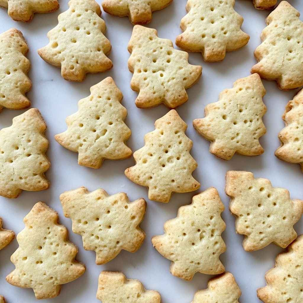 Many light golden-brown crackers shaped like Christmas trees are spread out on a white marbled surface. Each cracker has a slightly uneven texture with small air bubbles and tiny holes scattered across the surface. Some crackers have a faintly darker brown edge, showing they are baked well, while others remain pale with soft, smooth shapes. The overall scene is bright and inviting, showing a close-up view of the scattered crackers. photo taken with an iphone --ar 4:5 --v 7