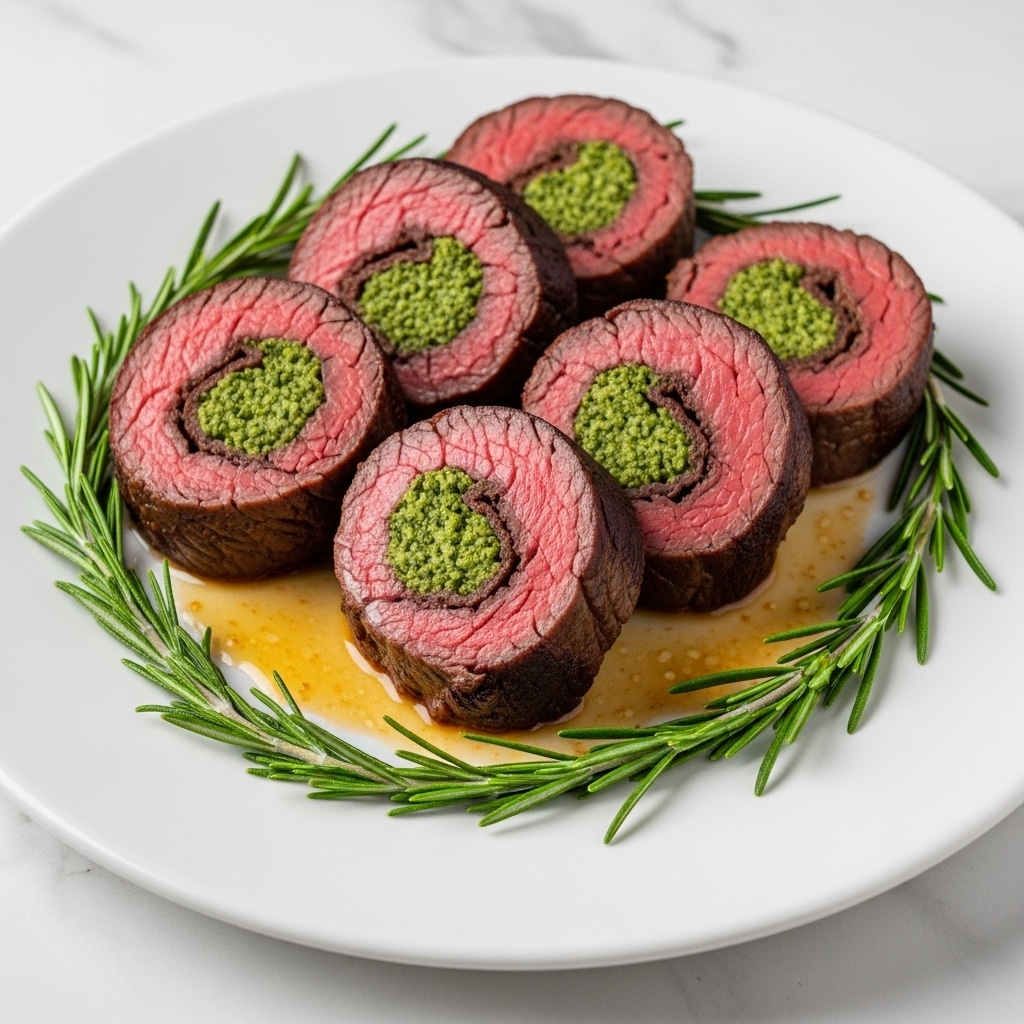 The image shows a white plate holding five thick slices of medium-rare beef rolls, each stuffed with a finely chopped green herb filling. The outer layer is a dark brown roasted beef with a slightly crispy texture, and the inside reveals a pinkish, juicy beef layer surrounding the green herb stuffing in the center. The beef slices are resting on a small pool of light brown sauce, adding a shiny finish. Around the plate are fresh green rosemary sprigs for decoration, all set on a white marbled surface. Photo taken with an iphone --ar 4:5 --v 7