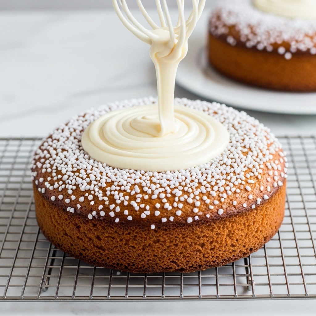 Three round cakes are shown, each with one thick layer covered in white icing that drips down the sides. On top of each cake, there is a colorful mix of small, shiny fruit pieces in red, green, and amber colors scattered evenly. Two cakes sit on white plates on a wooden surface with a white marbled texture, and one cake is elevated on a white cake stand with a clear base. Nearby, there is a white plate holding a block of yellow butter. The setting includes a folded white cloth with a wooden-handled butter knife resting on it, and soft yellow string lights hang in the background above a rustic wooden wall. photo taken with an iphone --ar 4:5 --v 7