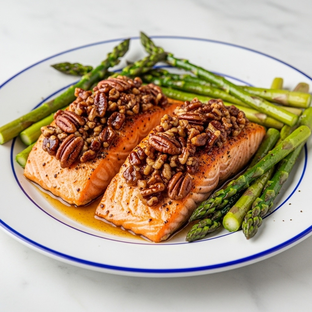 This image shows two cooked salmon fillets topped with glossy, toasted pecans that add a crunchy texture, their orange-pink flesh clearly visible under the shiny pecan layer. The salmon is placed on a white plate, surrounded by green asparagus spears that are slightly charred, adding a contrast of color with their deep green hues. The background is a white marbled surface that highlights the vibrant colors of the dish. The lighting accentuates the glistening nuts and the moist texture of the salmon. photo taken with an iphone --ar 4:5 --v 7