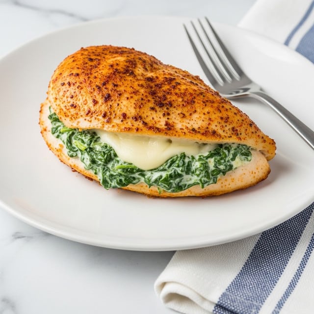 The dish shows a folded chicken breast with a golden-brown, slightly crispy outer layer sprinkled with reddish spices, lying on a white plate. Inside the chicken, there is a creamy spinach filling that is green with visible leafy texture mixed with a smooth, white cheese layer, peeking out from the side of the chicken. The plate rests on a white marbled surface with a silver fork and a blue and white striped cloth napkin placed nearby. Photo taken with an iphone --ar 4:5 --v 7