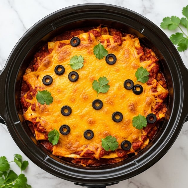 The image shows a close-up of a slice of cheesy enchiladas being lifted by a silver spatula held by a woman's hand. The dish has several layers including a base of shredded chicken and tortilla, topped with a thick layer of melted golden yellow cheese that is gooey and slightly browned. Black olive slices and bright green cilantro leaves are scattered on top, adding color contrast. The enchiladas are served in a white ceramic dish with a white marbled surface in the background, highlighting the vibrant colors and textures of the food. photo taken with an iphone --ar 4:5 --v 7