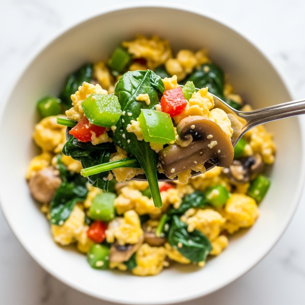 A close-up view of a silver spoon holding a mix of soft scrambled eggs, bright green spinach leaves, small pieces of light green bell pepper, and bits of cooked mushrooms with a soft texture. The spoon is held above a white bowl filled with the same scrambled egg mixture that has visible small bits of red pepper and green vegetables scattered throughout, all sitting on a white marbled surface. photo taken with an iphone --ar 4:5 --v 7