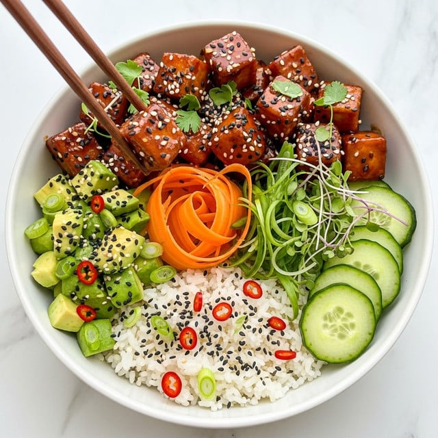 A white bowl filled with a colorful layered dish starting with a base of white rice sprinkled with black sesame seeds and red chili flakes. On one side, there are diced green avocado pieces also topped with black sesame seeds, and next to that are thin orange carrot ribbons. Bright green chopped scallions and microgreens sit alongside thinly sliced pale green cucumber. The top layer shows crispy golden-brown tofu cubes coated in a shiny, sticky dark sauce with black sesame seeds and small green herb pieces scattered on top. A pair of dark brown chopsticks is holding one tofu cube above the bowl. The bowl is placed on a white marbled surface. photo taken with an iphone --ar 4:5 --v 7