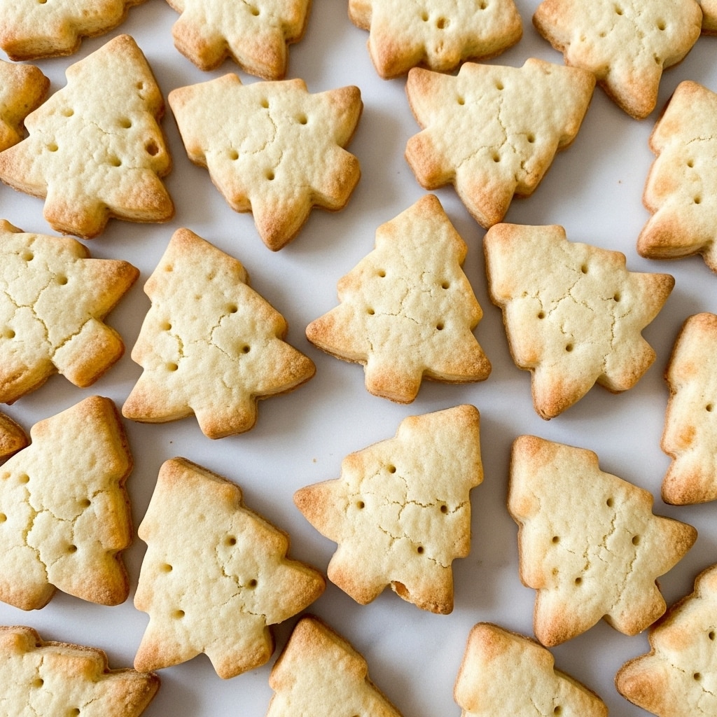 The image shows several flat, golden-baked crackers scattered closely together on a white marbled surface. Each cracker has an irregular, roughly triangular shape with slightly uneven edges and small, pinched holes arrayed in a pattern. The crackers have a light yellow color with some parts browned gently, showing a baked texture with tiny puffed bubbles and light spots of salt or sugar sprinkled on top. The overall look is crispy and homemade. photo taken with an iphone --ar 4:5 --v 7
