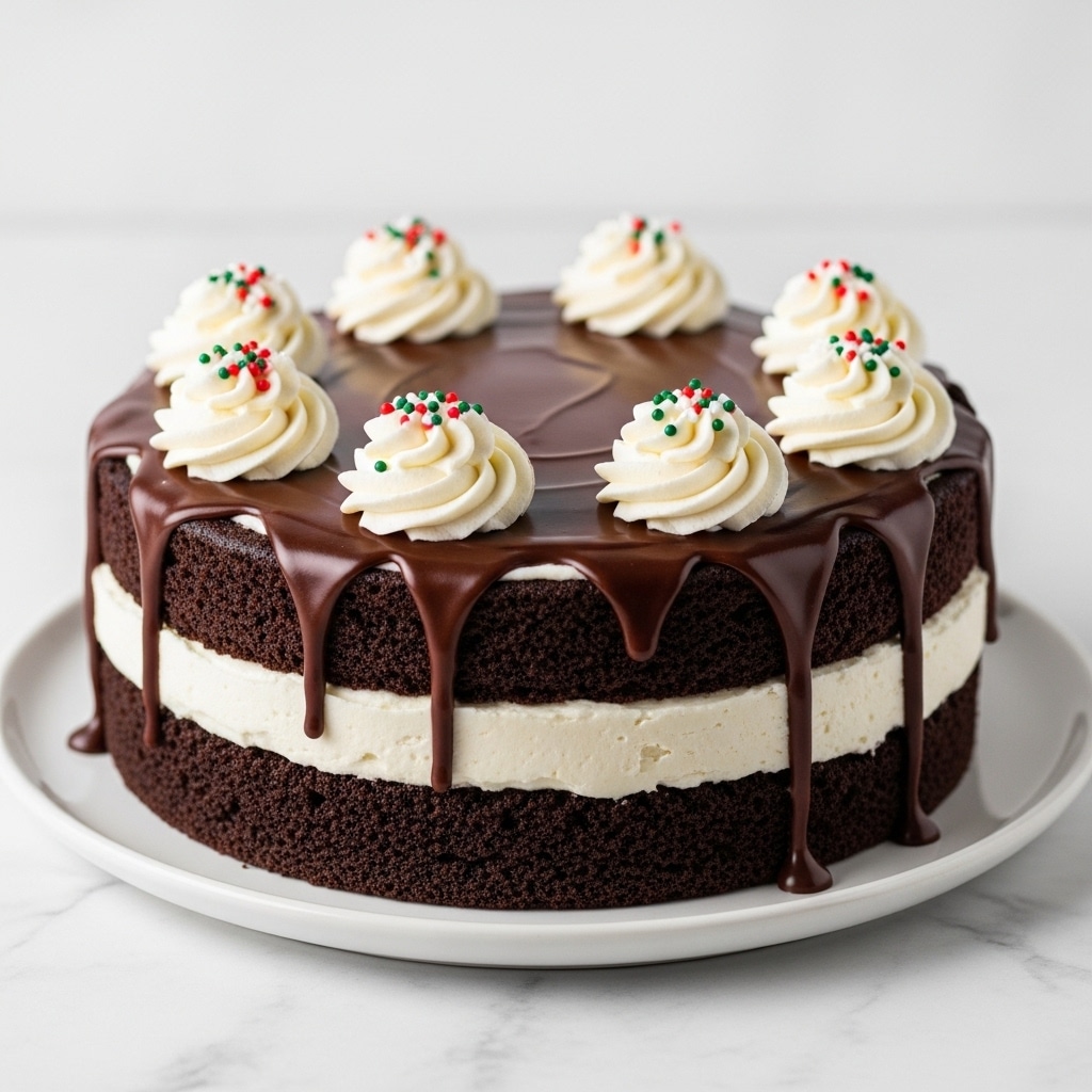 The image shows a two-layer cake on a white plate set on a white marbled surface. The bottom layer is dark chocolate cake, rough textured. The middle layer is smooth white cream, even and thick. On top, a shiny dark chocolate ganache drips down the sides in long, uneven drips. There are eight white cream swirls evenly spaced on the top, each decorated with red and green sprinkles. The whole cake looks neat and festive. Photo taken with an iphone --ar 4:5 --v 7