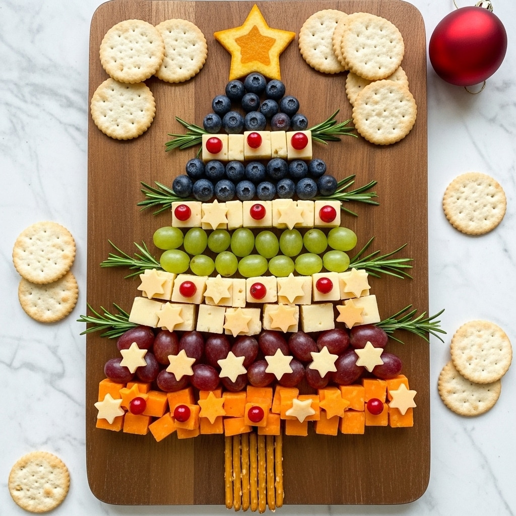 A wooden board with a Christmas tree shape made from layers of food, placed on a white marbled surface. The tree has six layers: at the top, a star-shaped orange slice, followed by dark blueberries forming a dense small layer, then cubed pale yellow cheese with small red berries on top. Below that are light green grapes, decorated with star-shaped pale yellow cheese pieces and small red berries, followed by more cubed pale yellow cheese mixed with orange star-shaped slices and berries. The next layer has red grapes with star-shaped pale yellow cheese, and the bottom layer is made of orange cubed cheese with small red berries. Rosemary sprigs are placed between each layer to look like tree branches. The tree trunk is made of upright pretzel sticks. Around the board, there are round pale beige crackers on the white marbled surface, and a red Christmas ornament is seen in the top right corner. Photo taken with an iphone --ar 4:5 --v 7