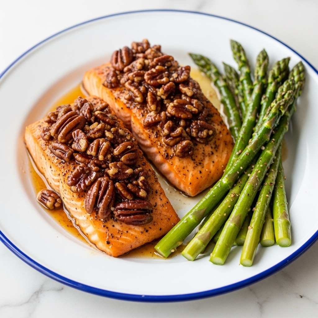 Two pieces of cooked salmon fillets topped with a glossy layer of brown pecan nuts in syrup sit side by side on a white plate with a blue rim. Each salmon fillet is a light orange color with seasoning visible on top. On either side of the salmon, there are bright green asparagus stalks, which are lightly seasoned and slightly glistening. The plate rests on a white marbled surface. photo taken with an iphone --ar 4:5 --v 7
