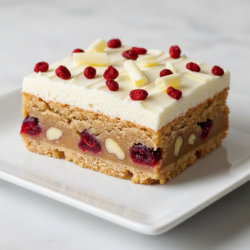 A single slice of dessert bar is placed on a white square plate. The dessert has two layers: the bottom layer is thick, light brown with visible bits of white nuts and small pieces of red fruit inside, showing a chewy texture. The top layer is thin, white frosting spread smoothly with scattered small dried red fruit pieces and thin white chocolate shavings on top. The plate is on a white marbled surface. photo taken with an iphone --ar 4:5 --v 7