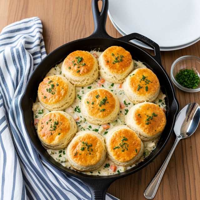 A close-up of a warm, golden-brown biscuit slice held above a black pan, showing two layers of fluffy biscuit with a creamy filling between them. The filling is thick and white, mixed with visible small green peas and shredded chicken pieces, dripping slightly as it lifts. Several other golden biscuits with hints of chopped green herbs sit in the pan below. The background is a soft, blurred cool blue-grey. photo taken with an iphone --ar 4:5 --v 7