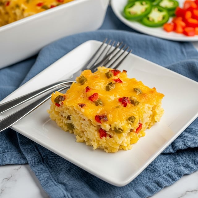 A square white plate holds a single serving of a baked dish made with shredded potatoes mixed with melted yellow cheese and bits of red and green peppers, showing a slightly crispy top layer. The texture looks creamy with some browned spots from baking. Two silver forks rest on the plate behind the food. The plate sits on a blue fabric cloth over a white marbled surface. In the background, part of a white baking dish with more of the same casserole and a white plate with sliced green jalapenos and diced red peppers are visible. Photo taken with an iphone --ar 4:5 --v 7