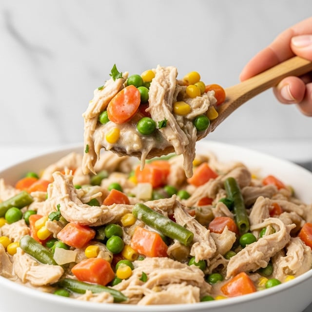 A close-up view of a thick, creamy stew filled with shredded chicken and mixed vegetables such as orange carrot cubes, green peas, green beans, and yellow corn kernels. The stew has a beige sauce that binds the ingredients together in a rich texture. It is served in a white bowl, and a wooden spoon lifting a generous scoop of the stew is held by a woman's hand, showing the chunky mixture clearly against a soft, out-of-focus white marbled background. photo taken with an iphone --ar 4:5 --v 7