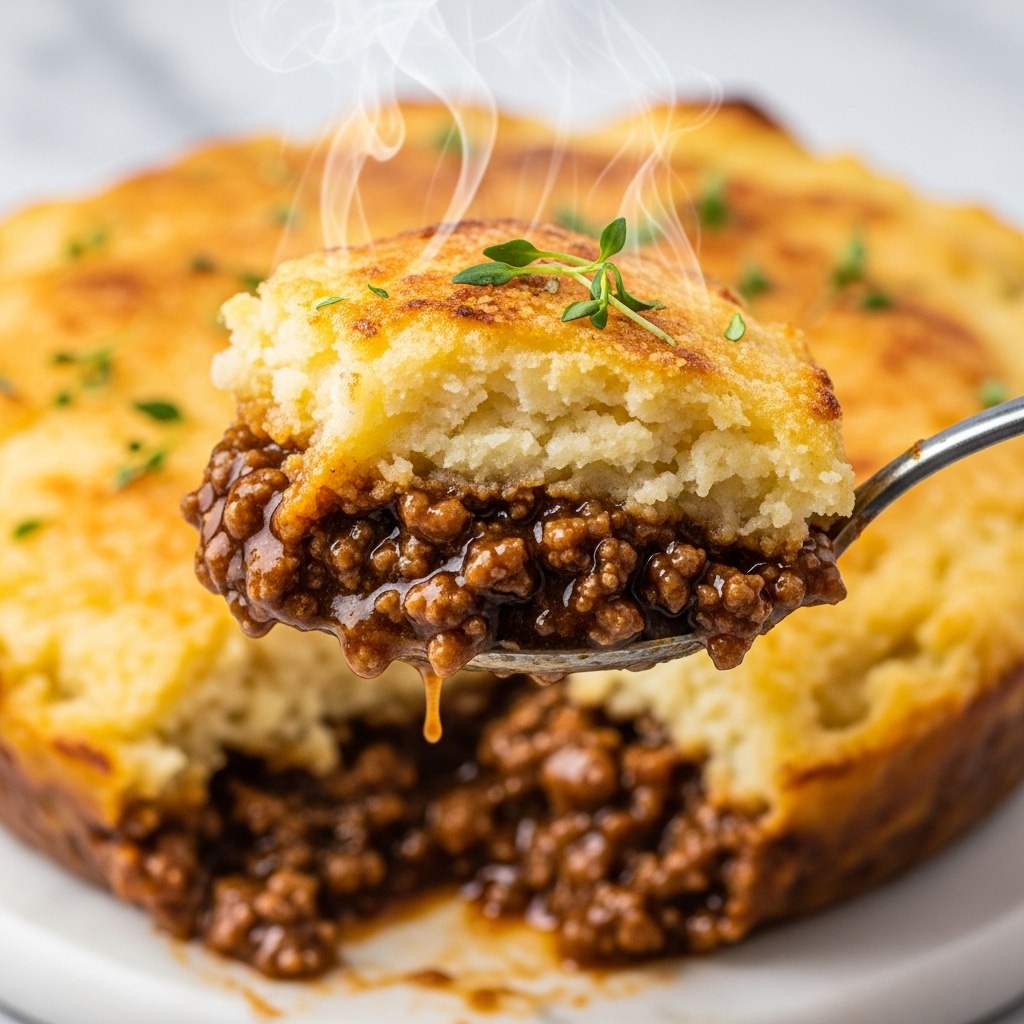 A close-up view of a thick spoonful of shepherd’s pie being lifted with two main layers visible: the bottom layer is a rich, dark brown minced meat sauce with shiny gravy dripping down, and the top layer is a fluffy, golden-brown mashed potato crust with a slightly crisp, browned surface. Small green herb sprigs peek out just behind the mashed potato layer, adding a touch of color. The background shows more of the pie out of focus on a white marbled texture, with steam rising above the dish to suggest warmth. photo taken with an iphone --ar 4:5 --v 7