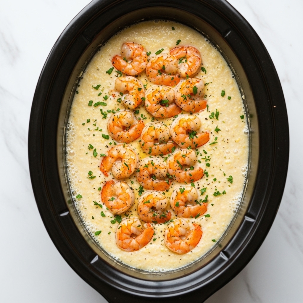 The dish is shown in a black oval slow cooker filled with a creamy, pale yellow sauce that looks smooth and bubbly. On top, there is one layer of orange prawns, neatly spread in a single layer and sprinkled lightly with finely chopped green herbs, adding small bright green spots over the sauce. The prawns have a slightly glossy, cooked texture with a few black pepper specks visible. The close-up view highlights the contrast between the creamy base and the vibrant shrimp, all set on a white marbled surface. Photo taken with an iphone --ar 4:5 --v 7