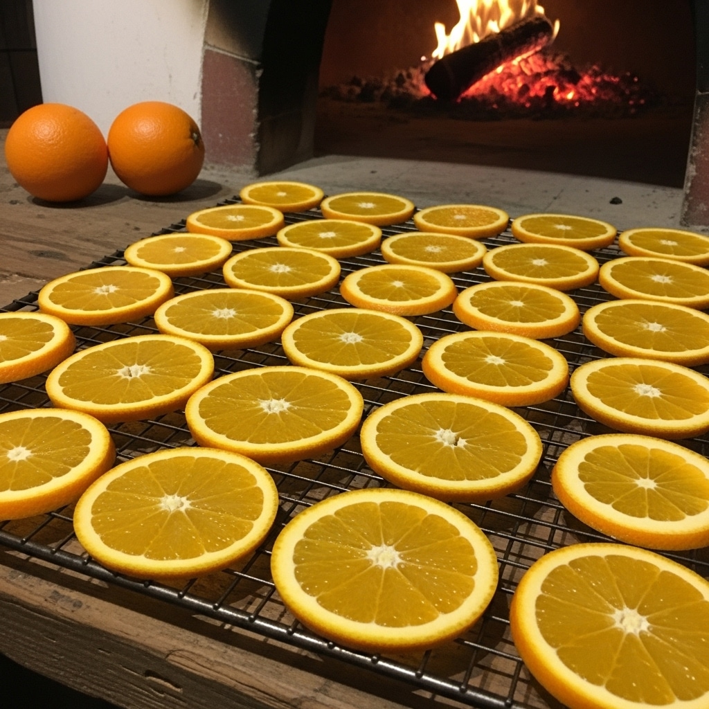 The image shows a cooling rack filled with thin, round slices of orange, laid out in neat rows. Each slice is vibrant orange with a slightly translucent inner pulp and a bright, textured rind on the outside. The rack is dark metal with a grid pattern and sits on a rough wooden surface, in front of a rustic oven with a warm, glowing fire inside. Two whole oranges rest in the background near the top left corner. The setting has a cozy, warm light that highlights the shiny, juicy texture of the orange slices. Photo taken with an iphone --ar 4:5 --v 7