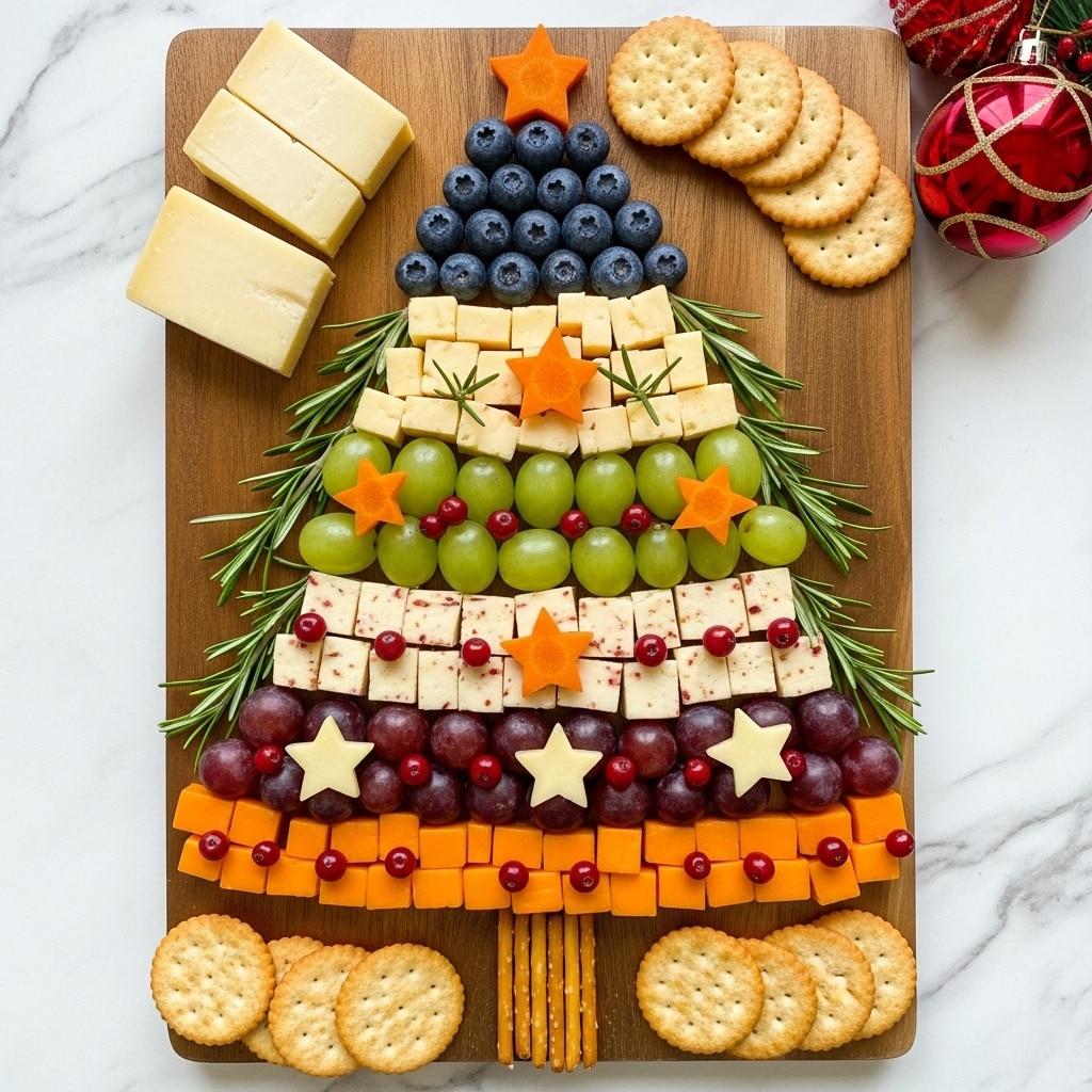 A wooden board with a Christmas tree shape made from different types of cheese and fruits. The tree has five layers: the top layer is dark blueberries with an orange star shaped carrot on top, the second layer is small cubes of pale yellow cheese with some rosemary sprigs around it and orange star-shaped carrot pieces, the third layer is green grapes with some red berries, the fourth layer is slightly larger cubes of pale cheese with red specks and another orange star-shaped carrot, the fifth layer is dark red grapes, topped with small red berries and a pale yellow star made from cheese. The bottom layer of the tree is bright orange small cheese cubes with some small red berries. The tree trunk is made from thin pretzel sticks. Crackers are placed around the board at the bottom corners, and two blocks of cheese are set on the left side of the board. A red and gold Christmas ornament hangs in the top right corner. The whole scene is on a white marbled surface. photo taken with an iphone --ar 4:5 --v 7