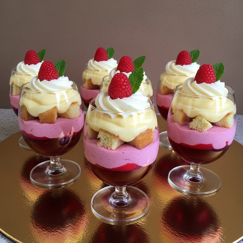 The image shows six clear wine glasses filled with layered desserts, arranged on a shiny gold round surface with a plain brown background. Each glass has four layers: the bottom layer is a deep red jelly, followed by a smooth pink mousse layer, then a layer of soft beige cake pieces, and topped with a thick pale yellow cream. The dessert is finished with a swirl of white whipped cream, a bright red raspberry on top, and a small green mint leaf next to the raspberry. The glasses have a textured design on the lower half of the bowl. photo taken with an iphone --ar 4:5 --v 7