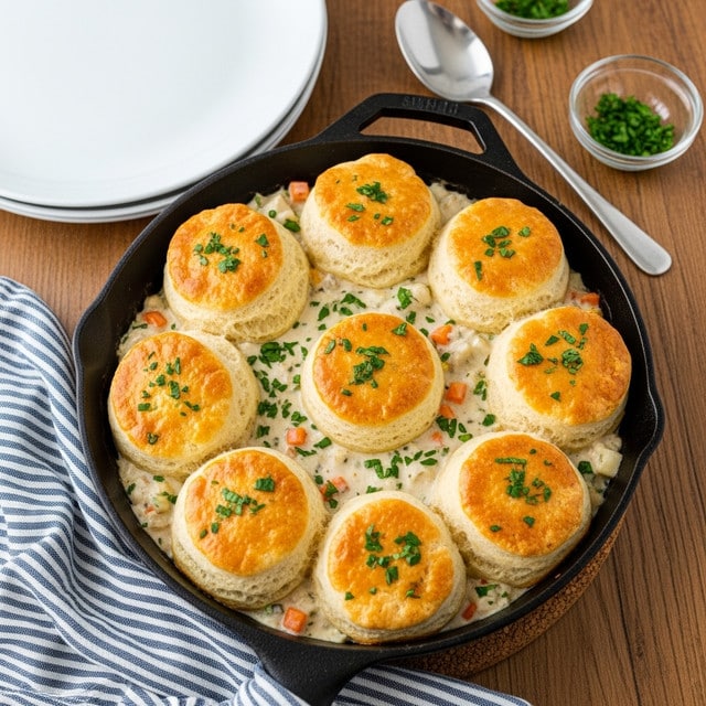 A black cast iron skillet holds seven golden brown biscuits evenly spaced on top of a creamy white sauce mixed with finely chopped green herbs and small bits of orange and yellow vegetables. The biscuits have a shiny, slightly crisp top with some green herb sprinkles on them. The skillet sits on a wooden surface with a blue and white striped cloth partially visible at the bottom left. Nearby, there is a large white plate, a silver spoon, and a small clear glass bowl with green herbs inside. Photo taken with an iphone --ar 4:5 --v 7