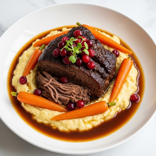The image shows a white bowl with a large piece of dark brown braised meat placed in the center. The meat has a slightly shredded texture, looking tender and moist. It is topped with bright red cranberries and a small sprig of fresh green herbs. Surrounding the meat is a thick layer of creamy, yellow mashed potatoes with a few whole cooked orange carrots scattered on top. The dish is covered with a glossy, rich brown sauce that pools at the bottom of the bowl. The whole composition sits on a white marbled surface. photo taken with an iphone --ar 4:5 --v 7