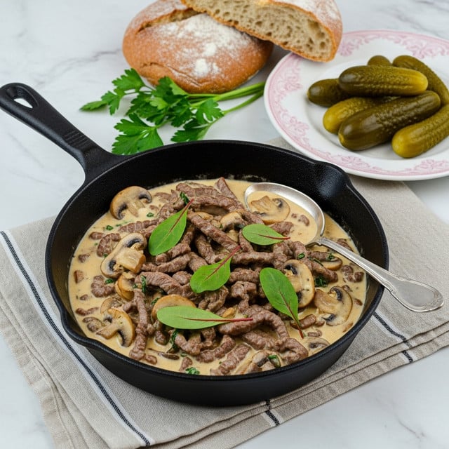 A black cast iron skillet sits on a light beige striped cloth over a white marbled texture surface. Inside the skillet is a creamy mushroom and beef dish with sliced brown mushrooms and thin strips of brown beef, all covered in a light beige creamy sauce. Green leaves and fresh green herbs are scattered on top for garnish. A silver spoon rests inside the skillet, slightly submerged in the sauce. Next to the skillet, there is a white plate with a pink floral pattern holding several green pickles. Behind the plate, there are two pieces of rustic bread with a brown crust dusted with flour. A few green parsley sprigs lie beside the plate on the cloth. photo taken with an iphone --ar 4:5 --v 7