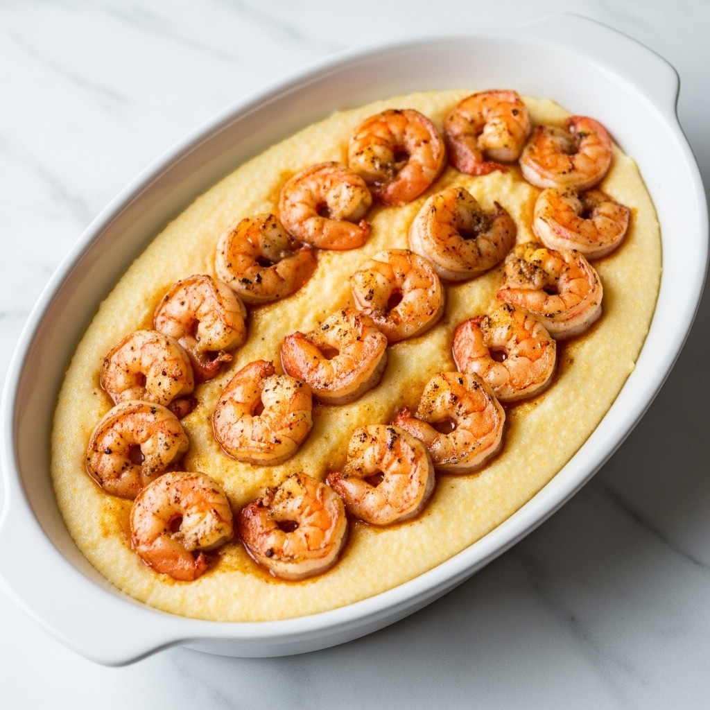 The image shows an oval white dish filled with a creamy, pale yellow grits base that has a soft, slightly grainy texture. On top, there is one even layer of cooked shrimp, arranged in close rows around the dish, each shrimp coated lightly with seasoning that gives them a warm brown color with a slight shine. The shrimp shells are removed, showing the textured surface of the shrimp meat that contrasts with the smooth grits underneath. The dish sits on a white marbled surface. photo taken with an iphone --ar 4:5 --v 7